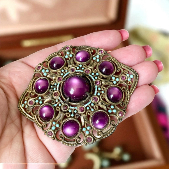 Large Antique Purple Cabochon Turquoise Enamel Austro Hungarian Brooch Sash Pin - Picture 4 of 7